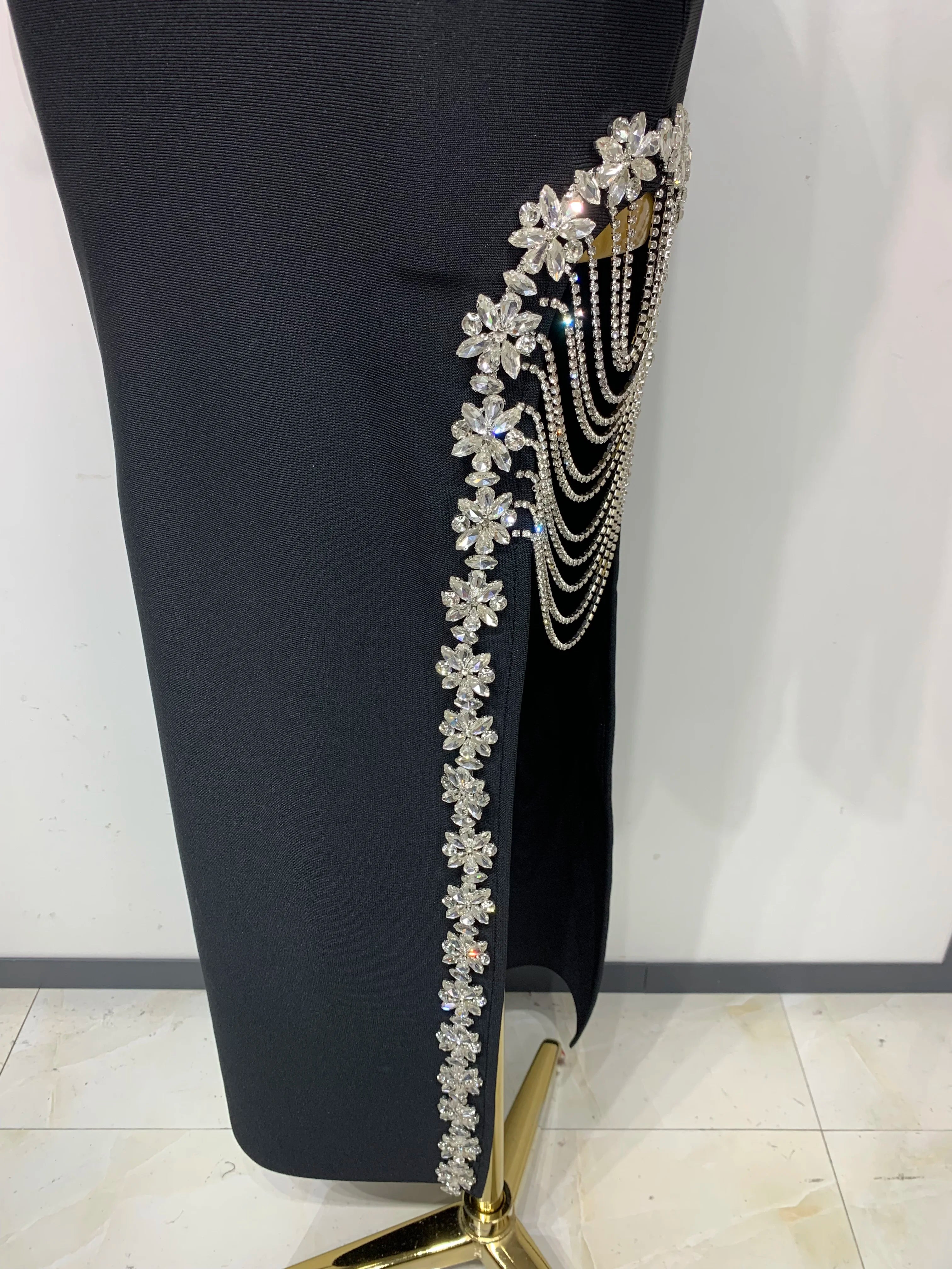 Women Long Sleeve Sexy Shinning Crystal High Split Bodycon Long Bandage Dresses Elegant Evening Party Birthday Cocktail Outfit