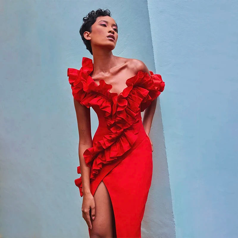Black Red Color Women Sleeveless Sexy Off the Shoulder Ruffles Bodycon Long Bandage Dress Nightclub Party Celebrate Outfit