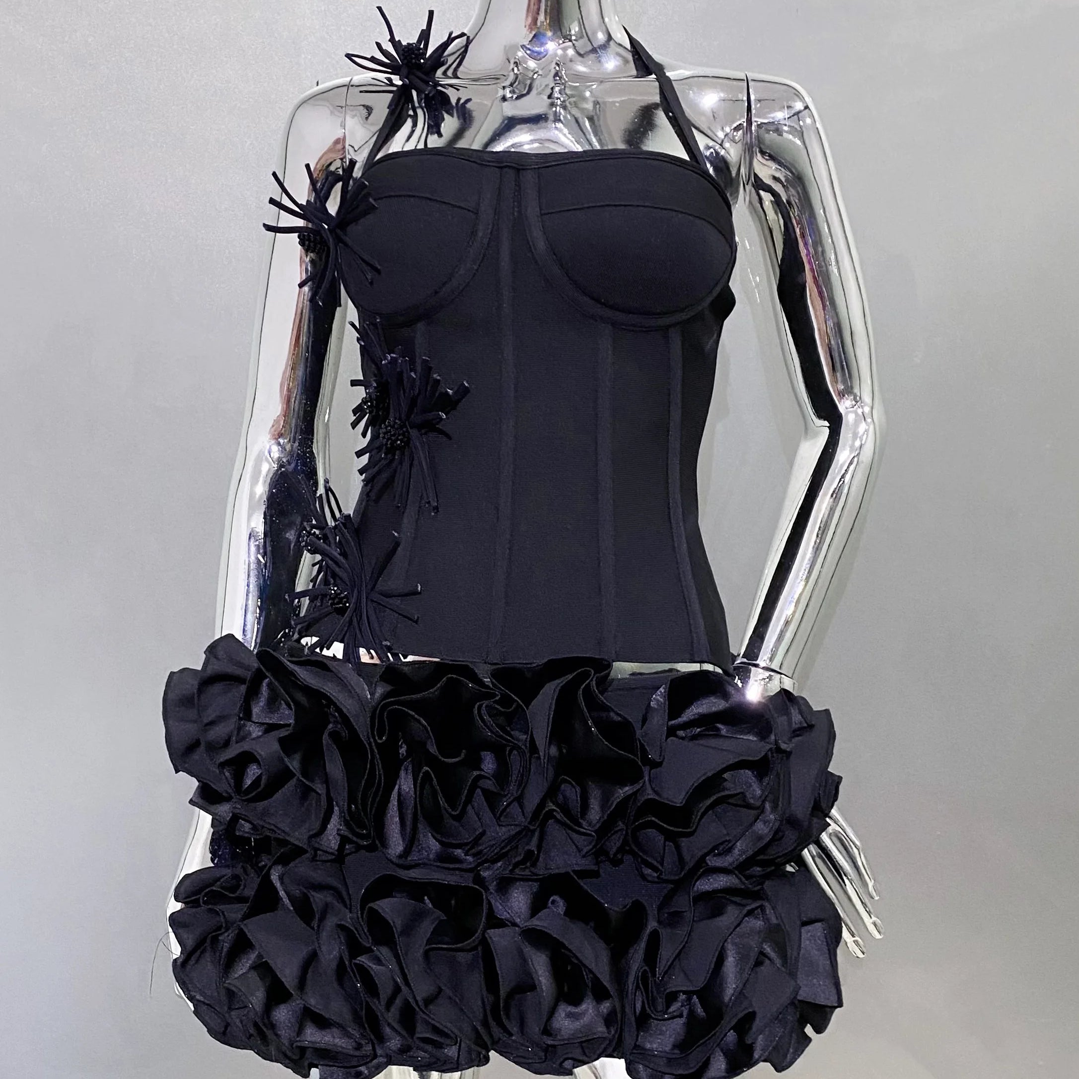 Black Red Women Sexy Strapless Laced-up Tops 2 Pieces Florals Bodycon Mini Bandage Dress Celebrate Nightclub Party Stage Wear