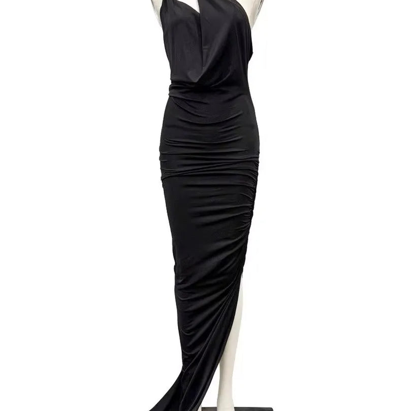 Solid Slimming Spliced Folds Irregular Dresses for Women Diagonal Collar Sleeveless Split Dress Femlae Clothing New BLACK