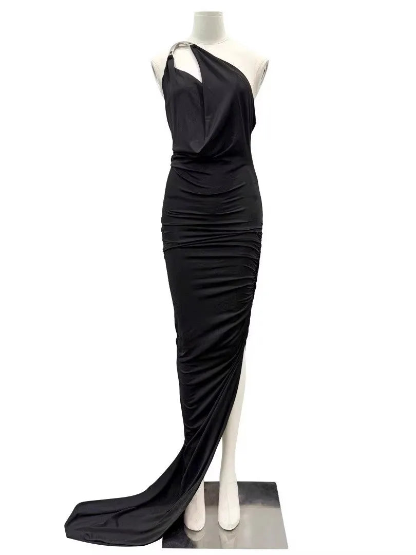 Solid Slimming Spliced Folds Irregular Dresses for Women Diagonal Collar Sleeveless Split Dress Femlae Clothing New BLACK