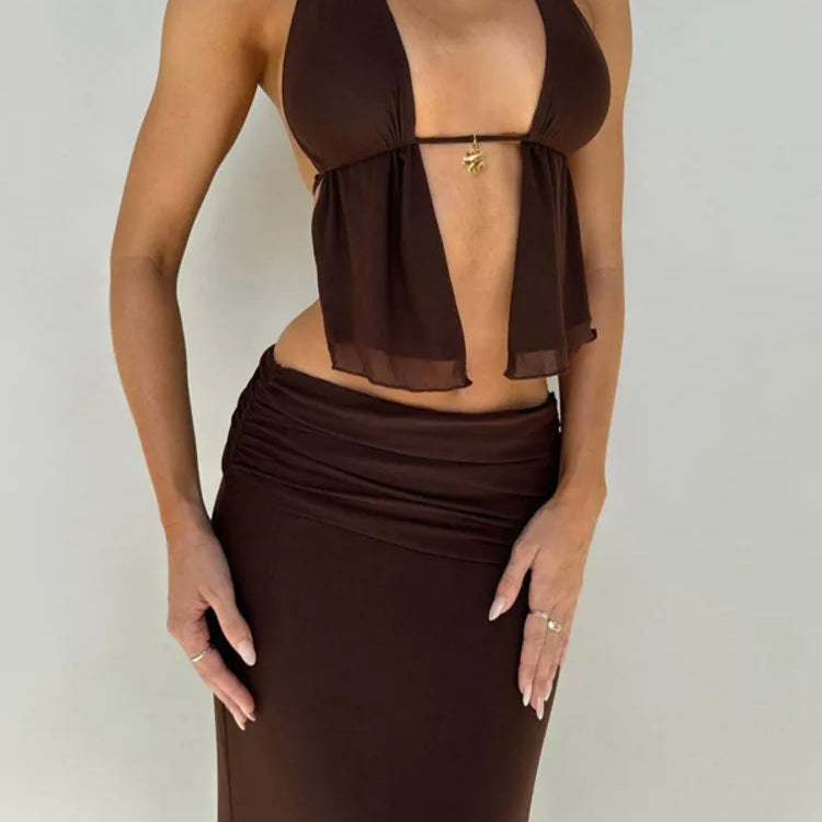Mozision Hollow Out Lace-up Sexy Skirt 2 Piece Sets Women Brown Halter Crop Tops And Maxi Skirt Female Skinny Sexy Two Piece Set