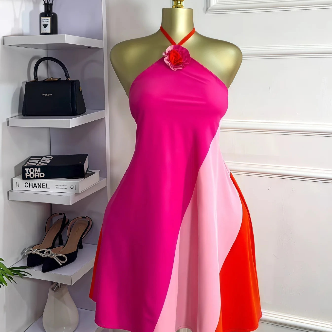 CM.YAYA Women Colorblock Halter Neck Backless Floral Applique A-line Mini Dress 2025 Summer Vacation Birthday Sexy Party Dresses