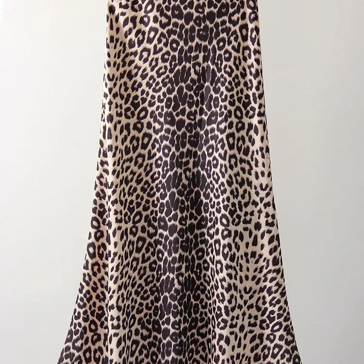 Long Leopard Print Skirts Women Satin Summer Office Elegant Maxi Zipper Skirt Satin Silk Fashion Fishtail Skirt Women Summer Khaki