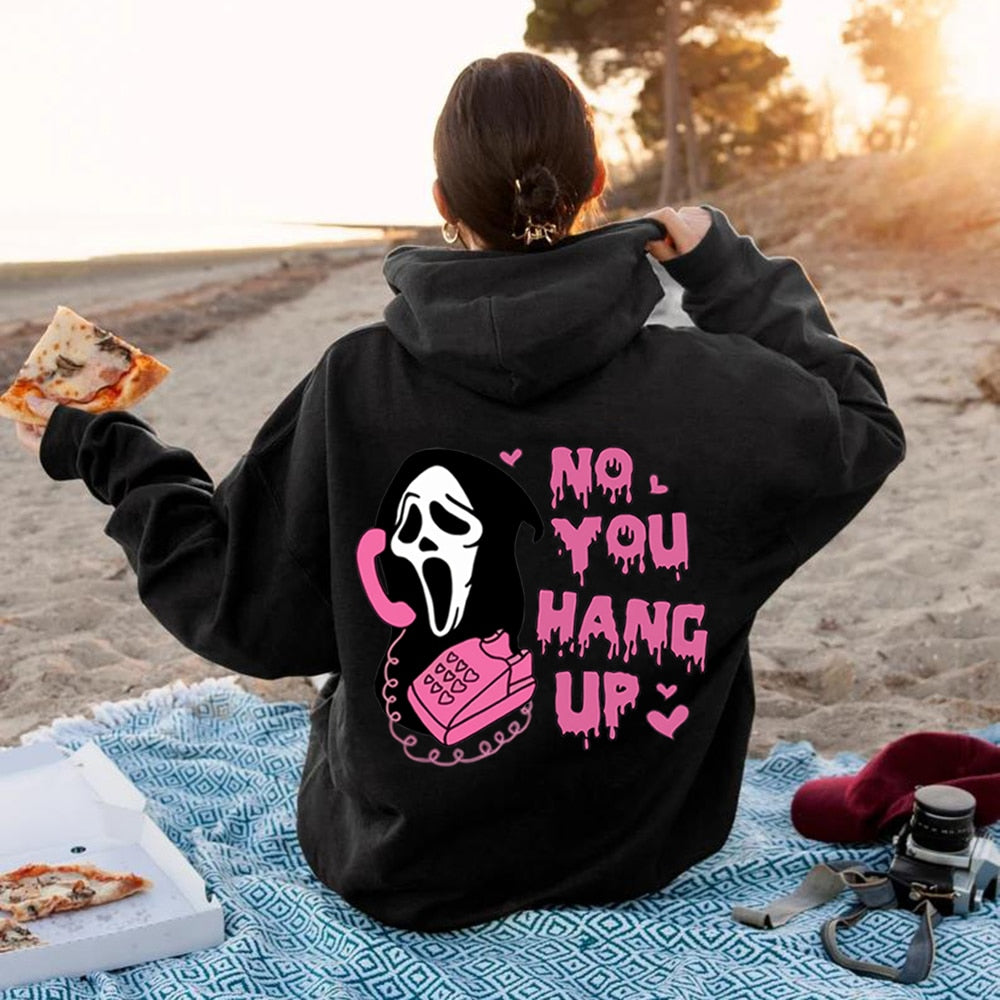 Scream No You Hang Up Crewneck Sweatshirt Ghostface Hoodies Scream Ghost Hooded Sweatshirts Scream Movie Halloween Pullover Black