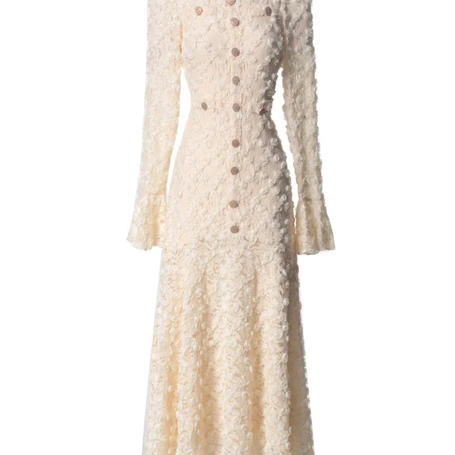 Solid Slimming Spliced Appliques Dresses for Women Round Neck Long Sleeves Patchwork Single Breasted Dress Female APRICOT