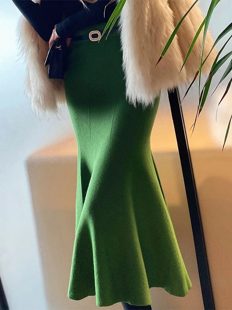 Women's Skirts Autumn Winter Fashion Knitted Long Skirts for Women Green Vintage Slim Korean Style A-LINE Fishtail Skirt green One Size