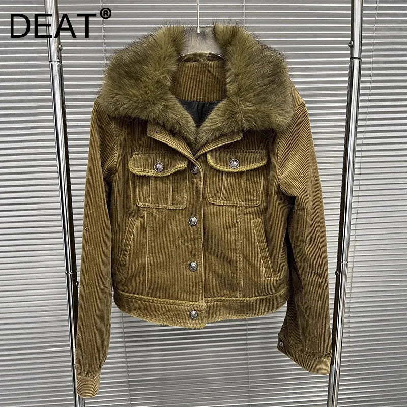 Autumn Winter New Corduroy Detachable Fur Collar Coat For Women Quilted Loose Warm Jacket Female 11A07907