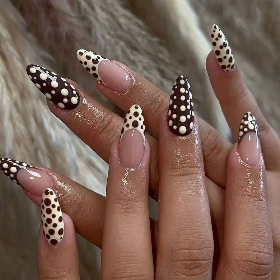 24Pcs Mid-length Stiletto Nails Set Press on French Wine Red Polka Dot False Nails 3D Cherry Reusable Full Cover Fake Nails Tips C1369