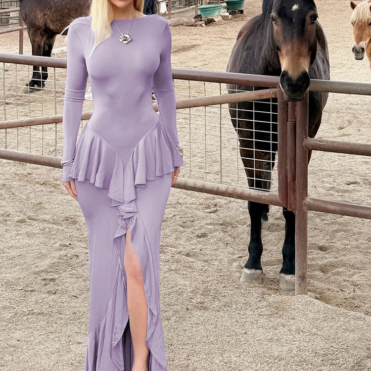Backless Ruffled Sexy Maxi Dress For Women Gown Fashion O Neck Long Sleeve Thigh High Split Evening Long Dress Elegant