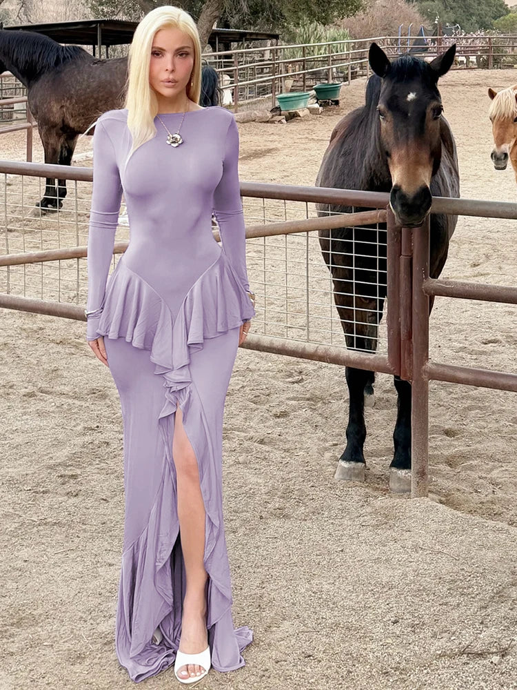 Backless Ruffled Sexy Maxi Dress For Women Gown Fashion O Neck Long Sleeve Thigh High Split Evening Long Dress Elegant