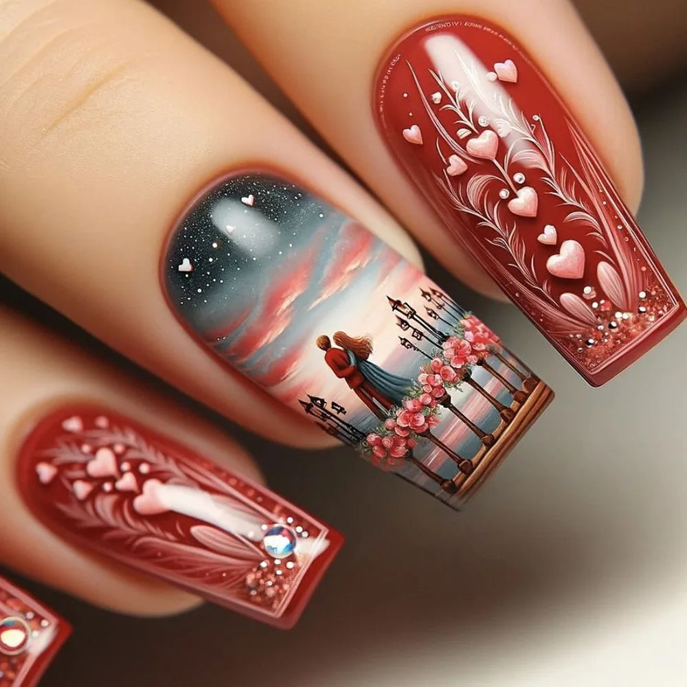 24pcs Romantic Valentine's Day Press on Nails Pink Love Couple False Nails Wearable Spicy Girl Square Head Fake Nails for Women 1