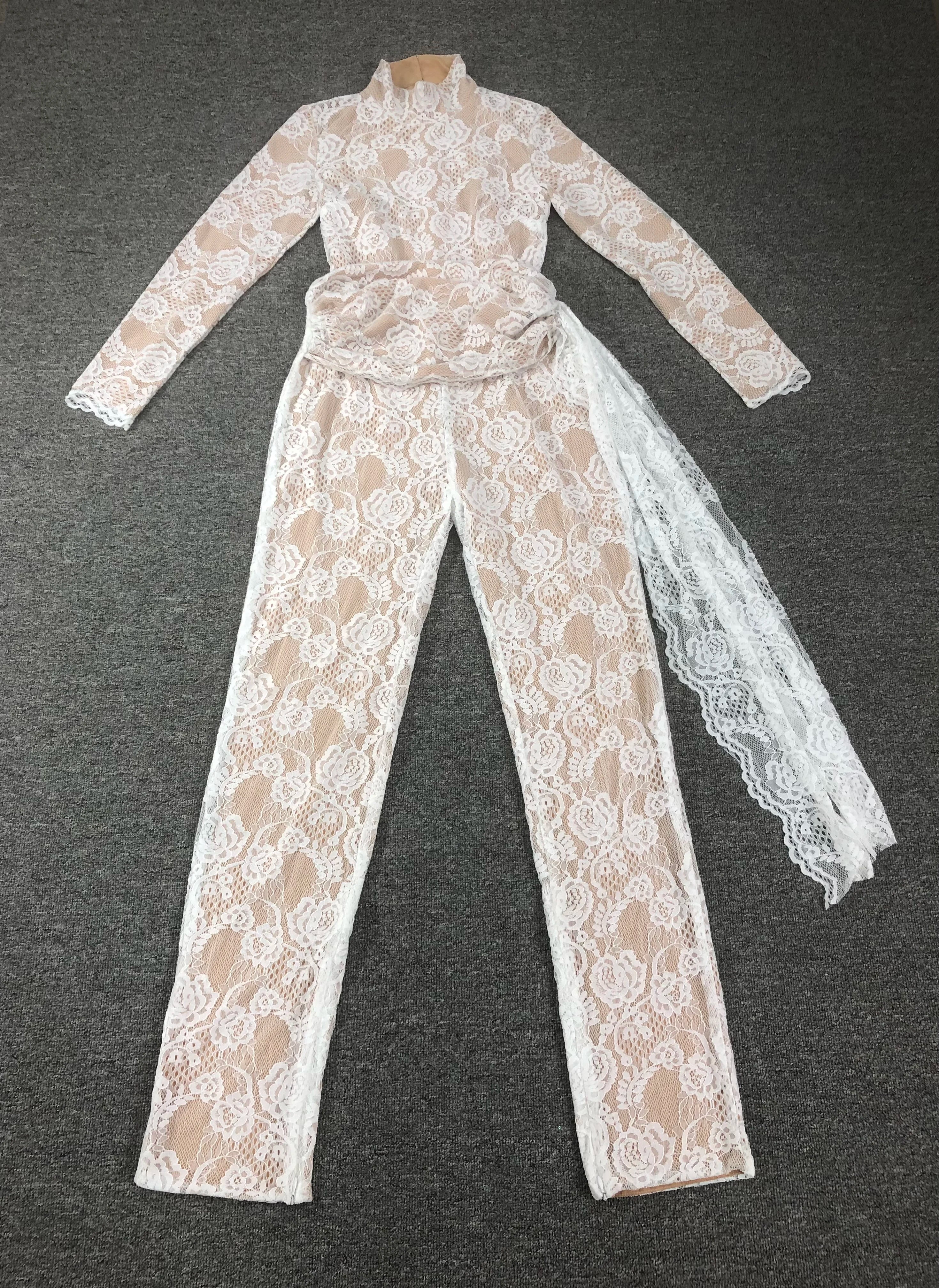 Black White Color Women Long Sleeve Sexy Lace Bodycon Jumpsuit Draped Celebrate Nightclub Party Bar Singer Stage Wear WHITE