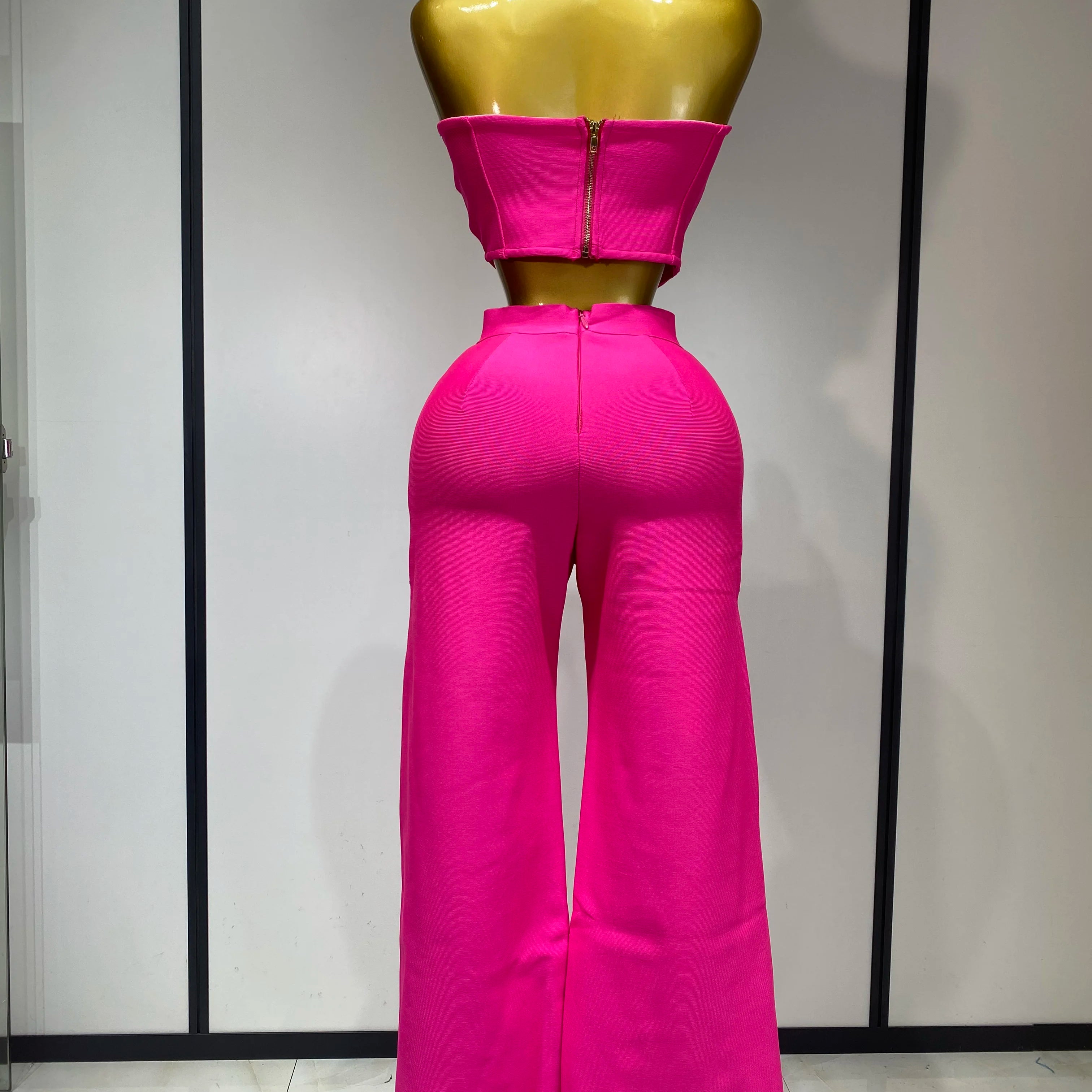 Women Sexy Strapless Top Cut Out Bodycon Two Pieces Bandage Pants Celebrity Designer Fashion Women Luxury Diamond Birthday Set