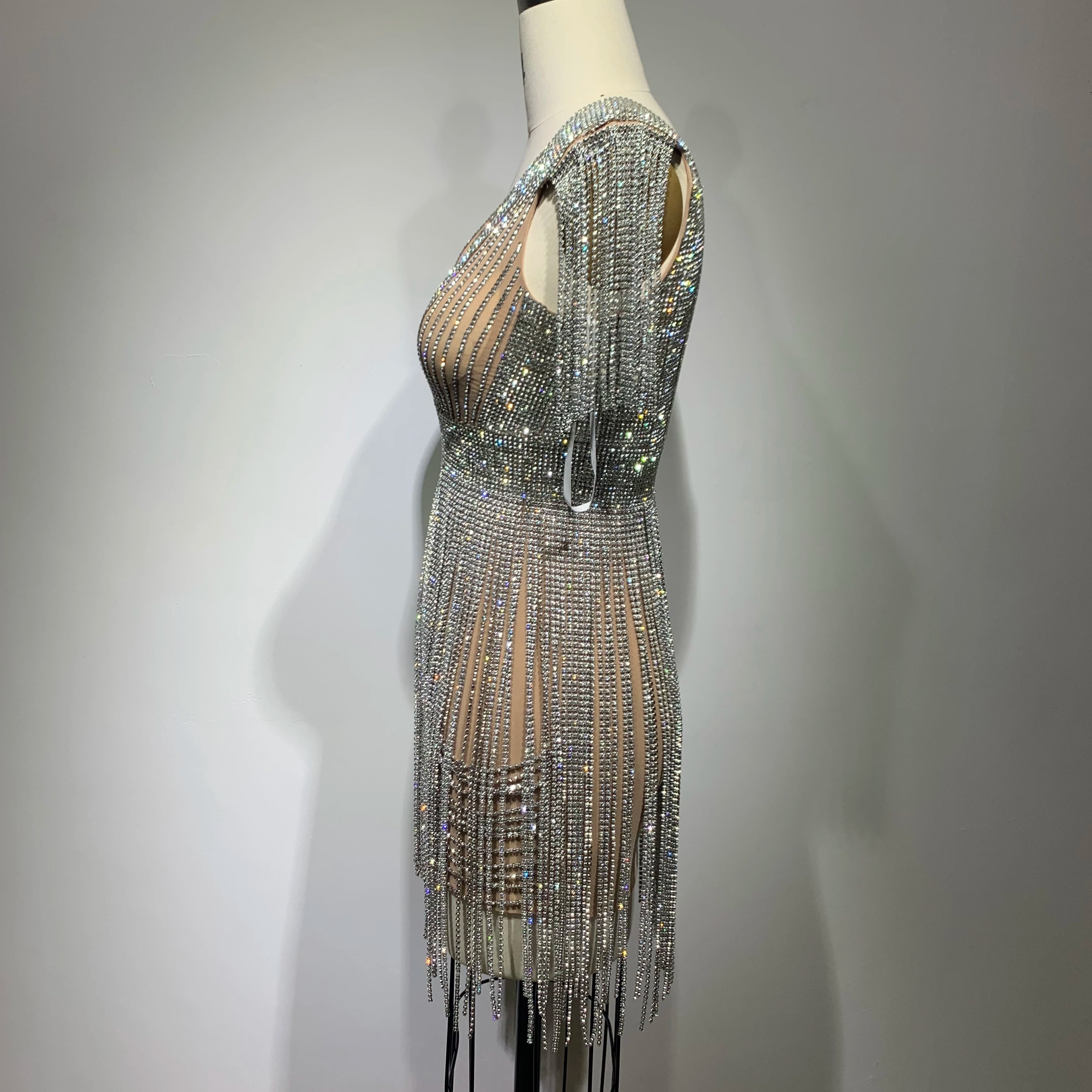 Top Handmake Women Silver Diamond Chain Bodycon Mini Dress Nightclub Party Birthday Celebrate Performance Costume