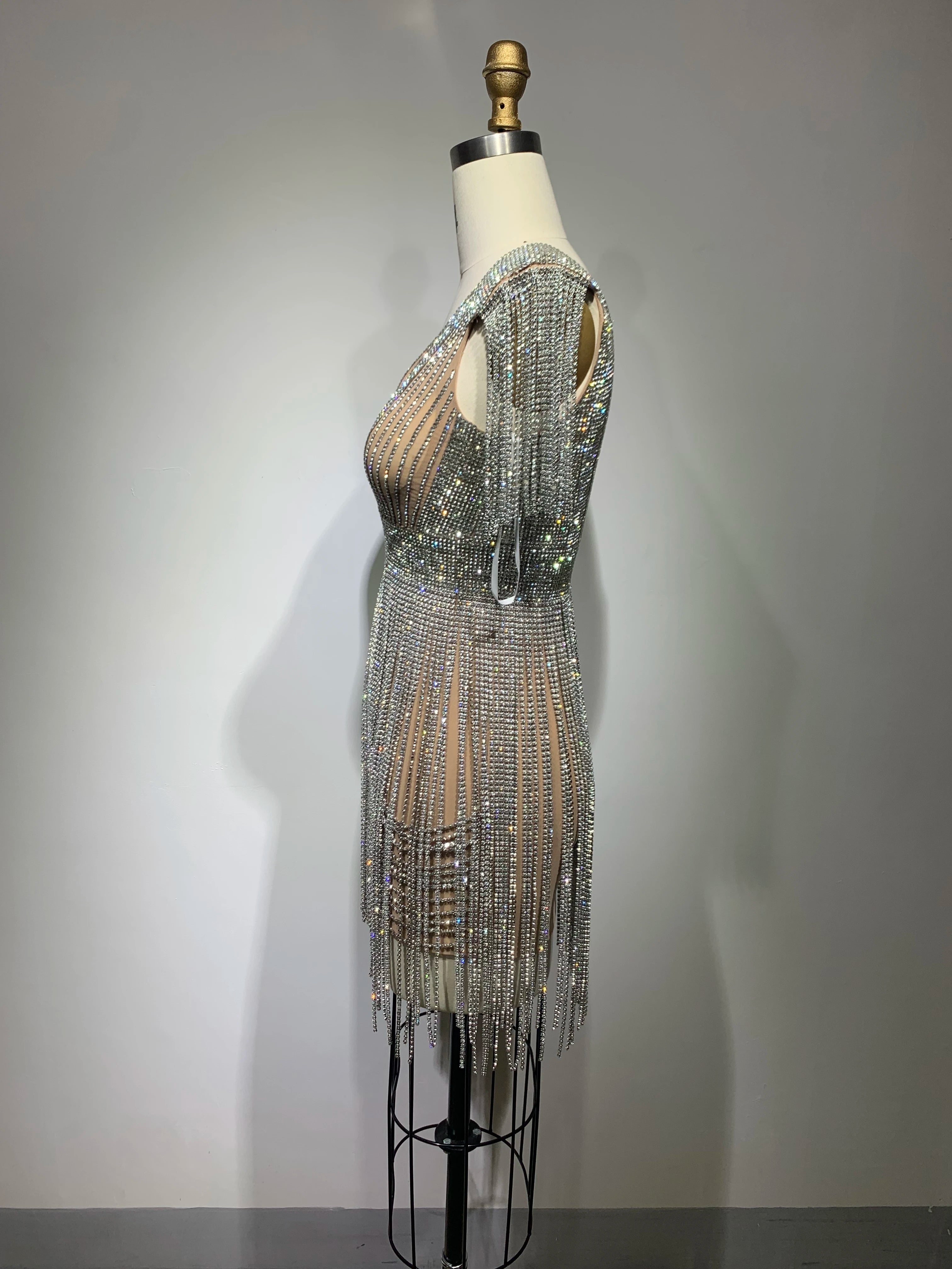 Top Handmake Women Silver Diamond Chain Bodycon Mini Dress Nightclub Party Birthday Celebrate Performance Costume