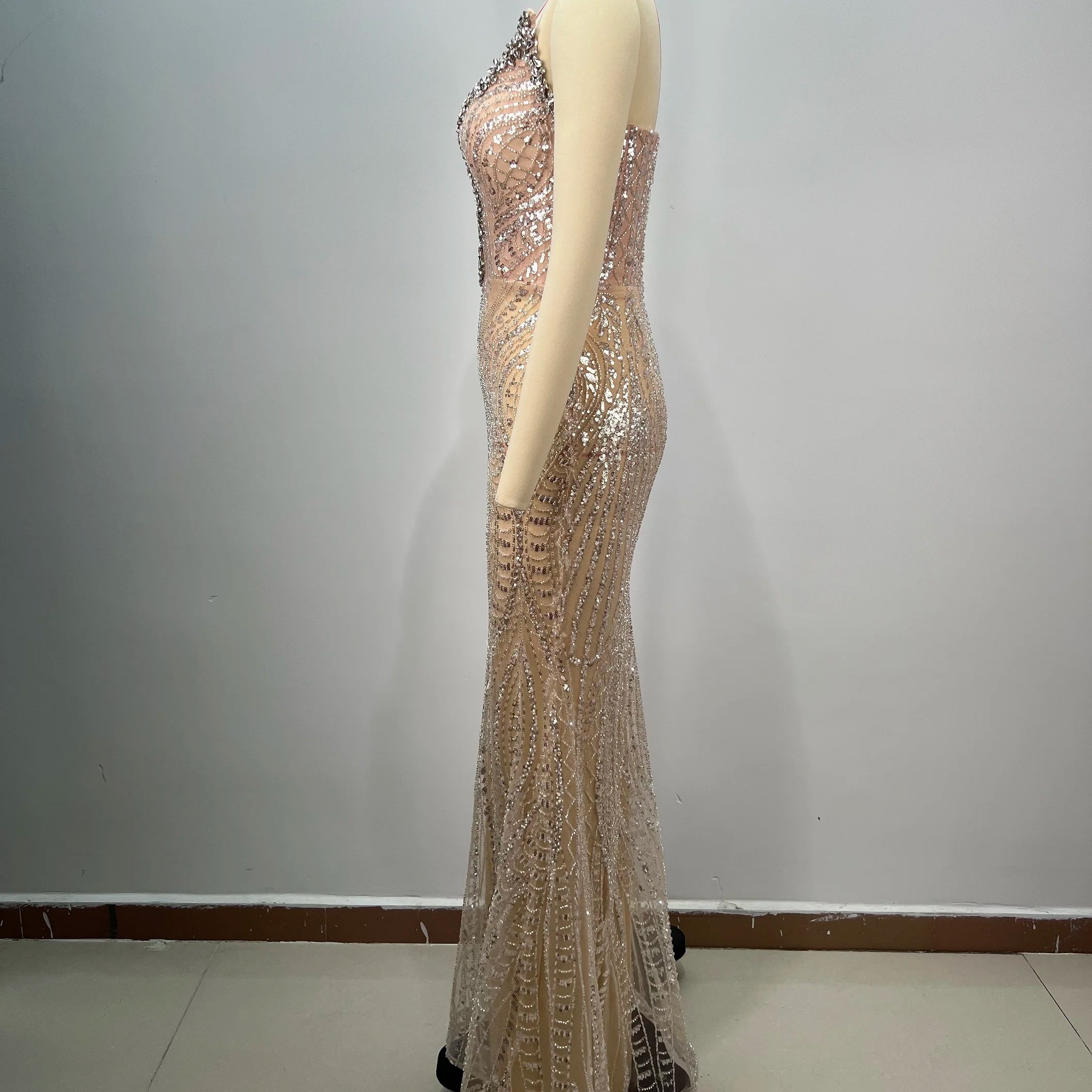 Luxury Diamond Champagne Sequins Sexy Straplerss Ankle Length Dress Woman Birthday Party Dress Celebrity Cocktail Party Vestido