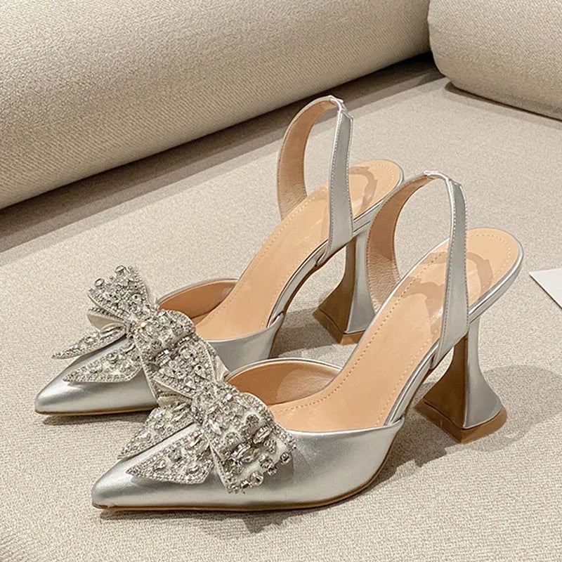 Eilyken New Design Crystal Butterfly-knot Women Pumps Street Style High Heels Pointed Toe Shoes Sexy Wedding Party Sandals Silver