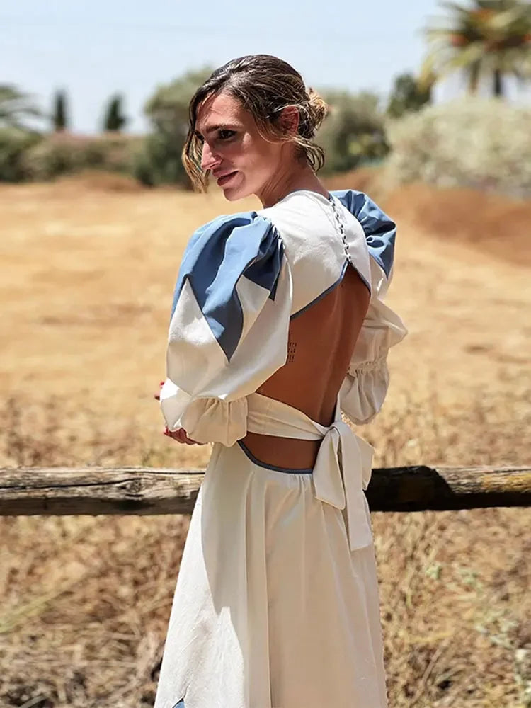 Lady Elegant V-neck Printed Maxi Dress Casual Back Hollow Out Lace Up Lantern Sleeve Robe Women Chic High Street Vestidos Blue