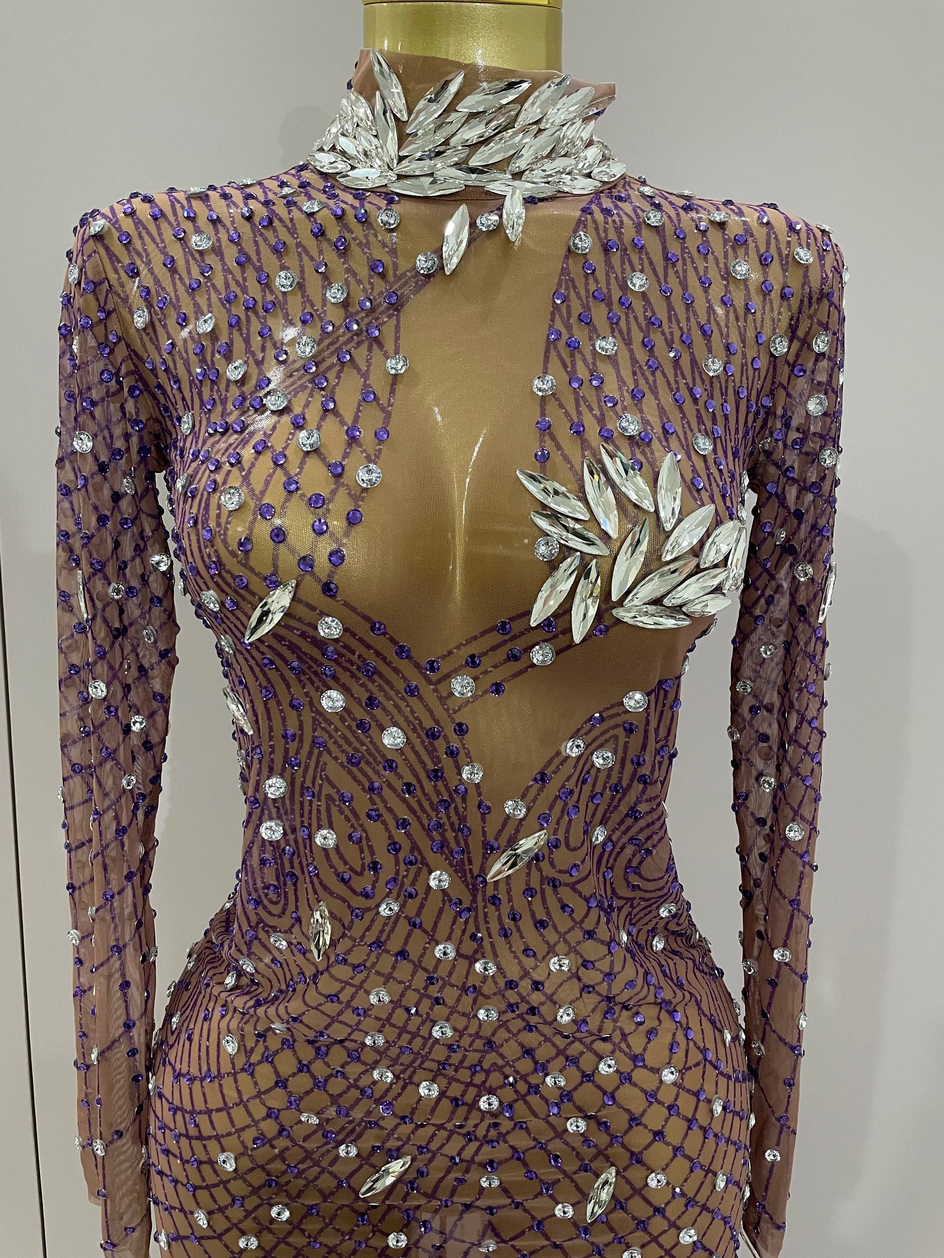 Shining Rhinestones Sexy Mesh See Through Long Dress Women Birthday Celebrate Evening Singer Show Stage Wear Photo Shoot Dress