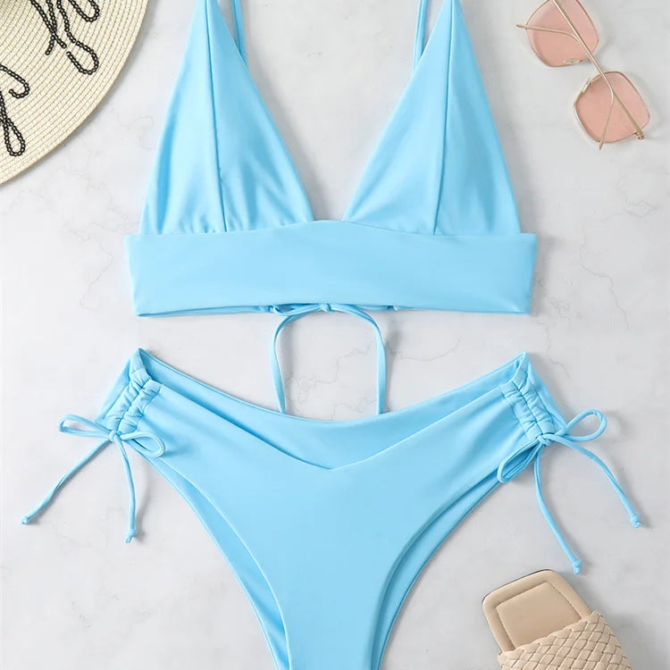 Bikini Women Swimsuit New Solid Black High Waist Bikinis Set Lace Up Bathing Suit Swimwear Summer Brazilian Beach Two Piece Blue 1