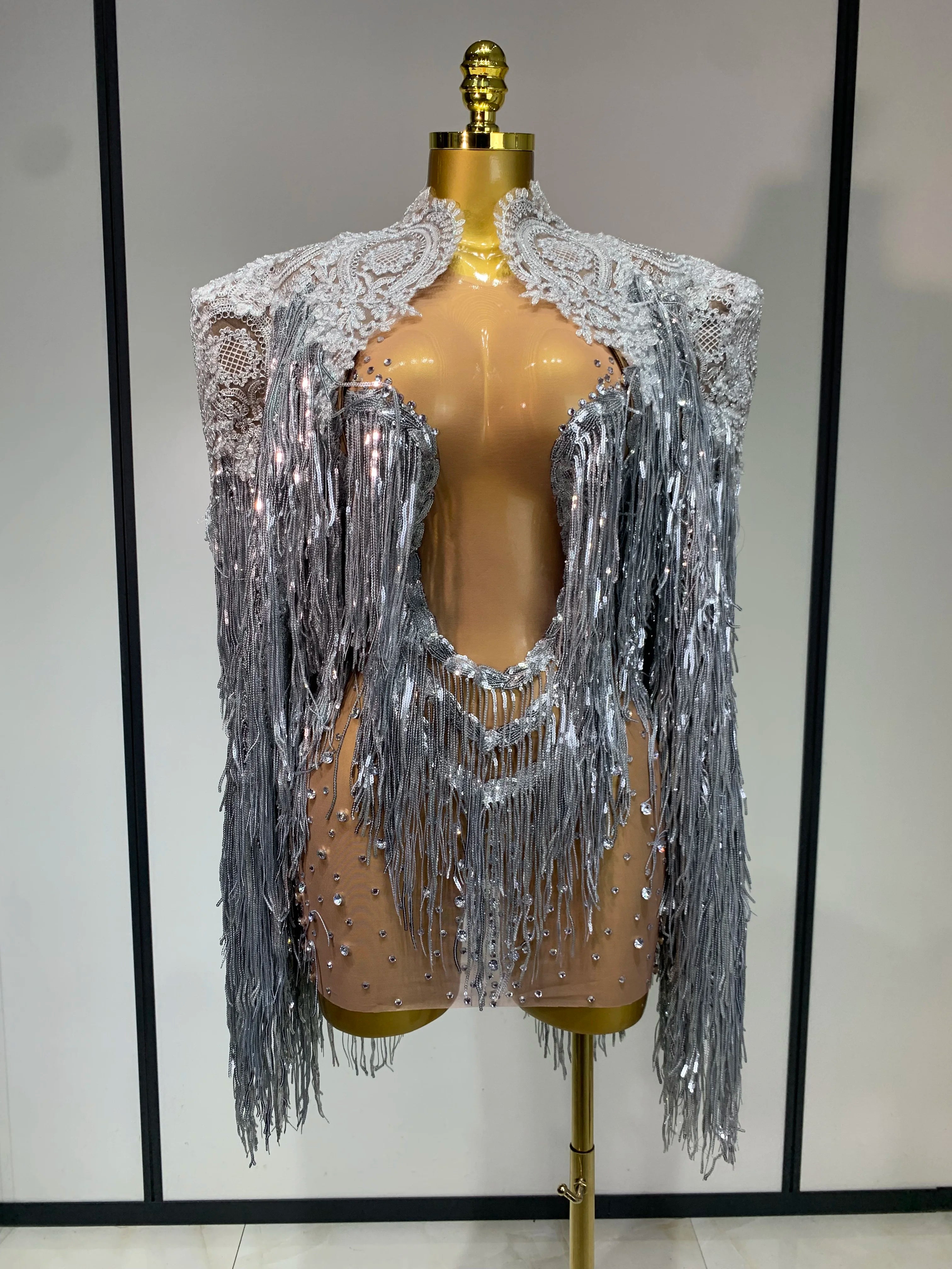 Women Sexy Transparent Long Sleeve Bodycon Dress Two Piece Set Luxury Sequin Fringes Evening Party Celebrity Performance Costume Silver