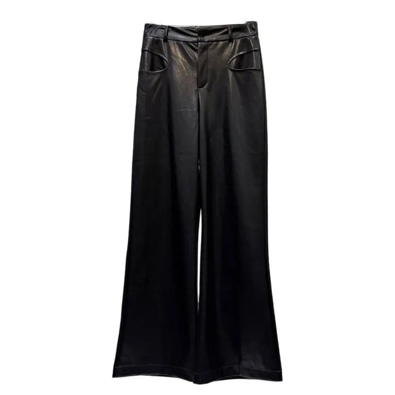 Winter New Fashion Three-Dimensional Solid Color PU Leather Casual Pants For Women High Waist Wide-Leg Pant 11A07679