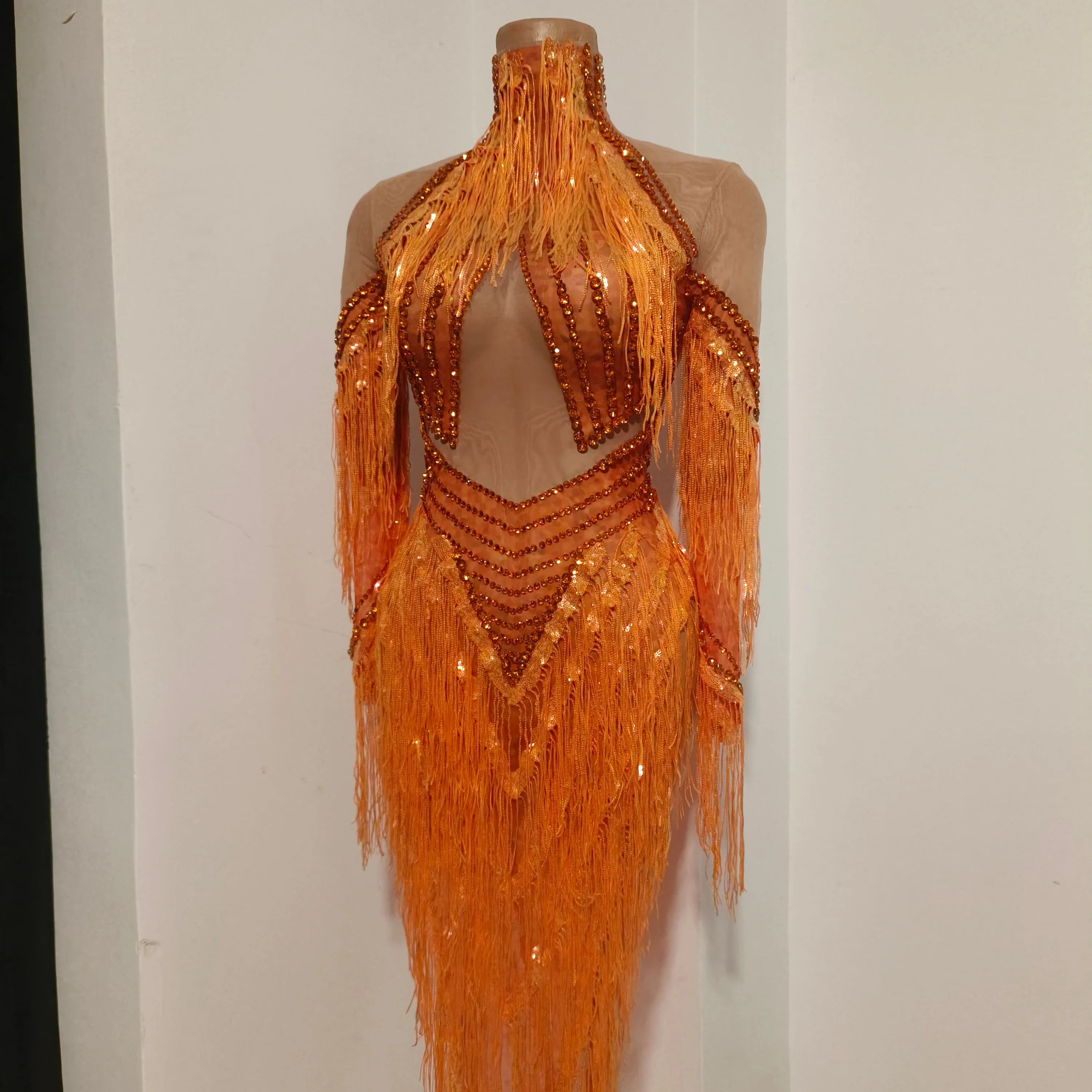 Sparkly Orange High Neck Dress Women Sheer Mesh Rhinestone Fringe Embellished Latin Dance Performance Costume