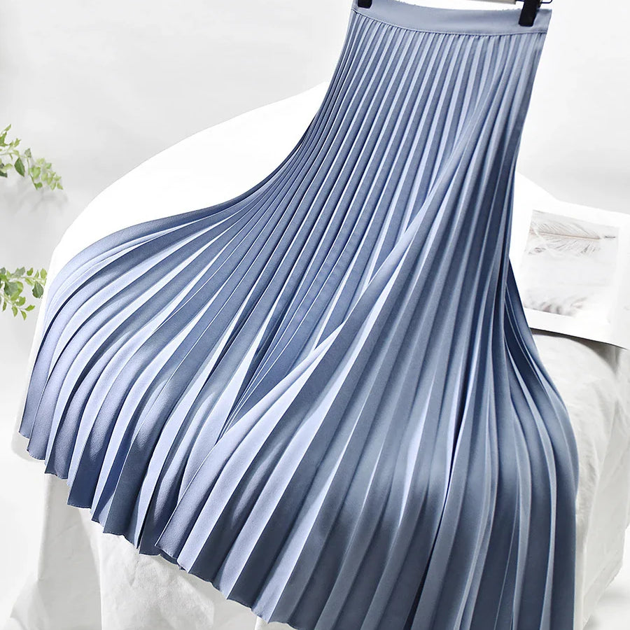 Brand Designer Women Spring Autumn Elegant Chic Solid Pleated Skirt High Waist Luxury Fashion With Elastic Female C-035 Light Blue