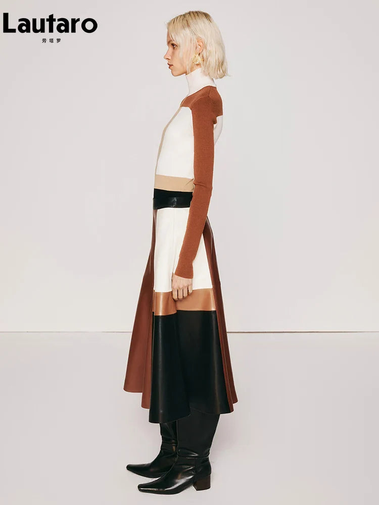 Spring Autumn Long Color Block Patchwork Soft Pu Leather Mini Skirt Women High Waist 2024 Luxury A Line Clothes Fashion