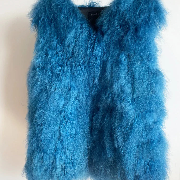 11 Colors Luxury Thick Warm Mongolia Sheep Fur Vest Women New Winter Hot V-neck Sexy Wool Fur Coat Kblue