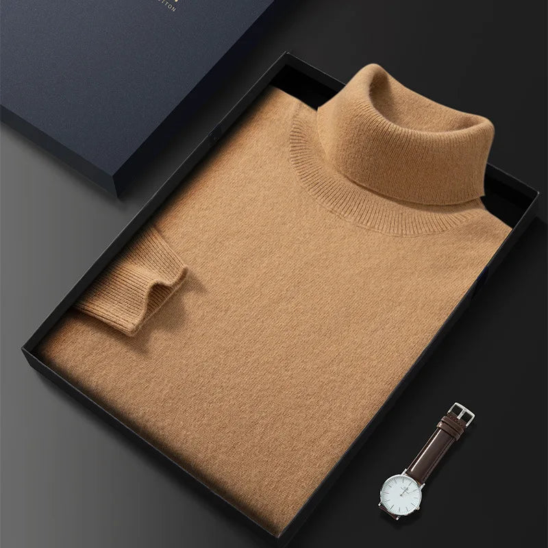 Turtleneck Men Pullovers Autumn Winter Soft Light Warm Rolled Neck Jumper Jersey Pull Homme Knitted Sweater camel