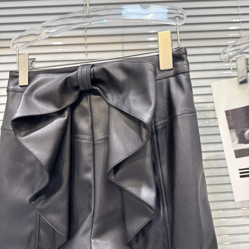 Winter New Trendy Fashion Back Waist Three-Dimensional Bow PU Leather Pants For Women Straight Casual Pants