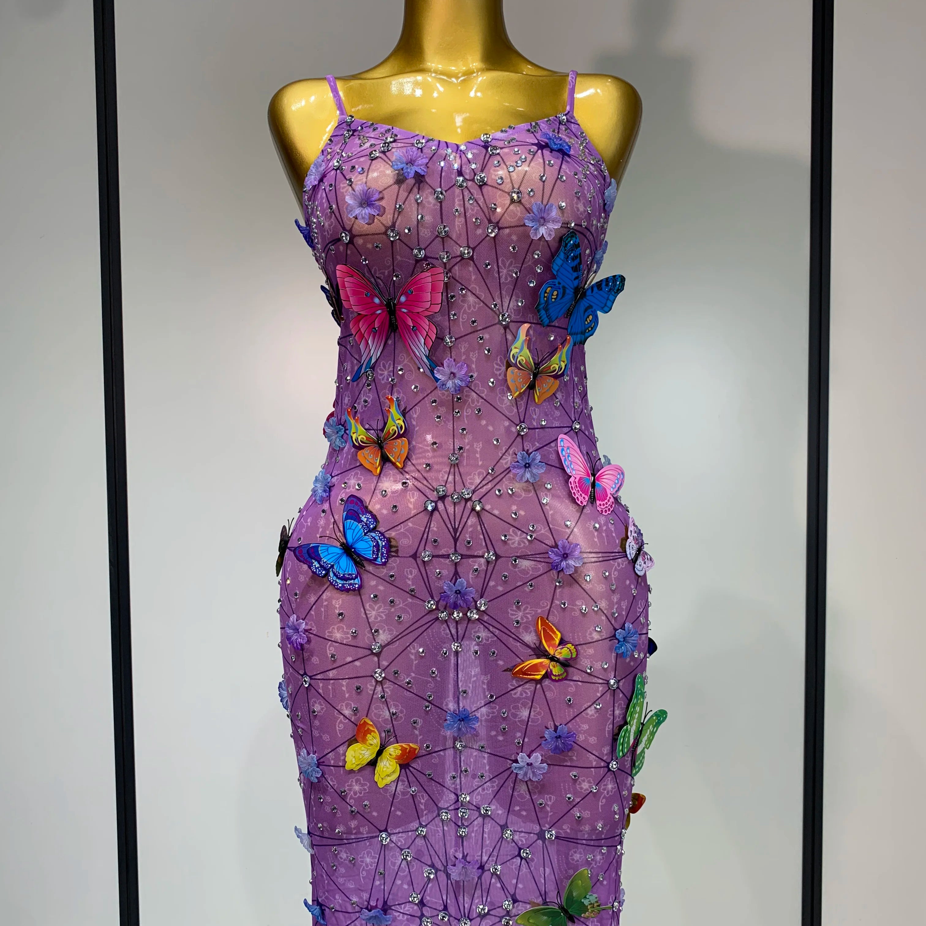 Sparkly Women Sexy Mesh See Through Dress 2025 Butterfly Purple Celebrity Luxury Birthday Nightclub Stage Outfit PURPLE