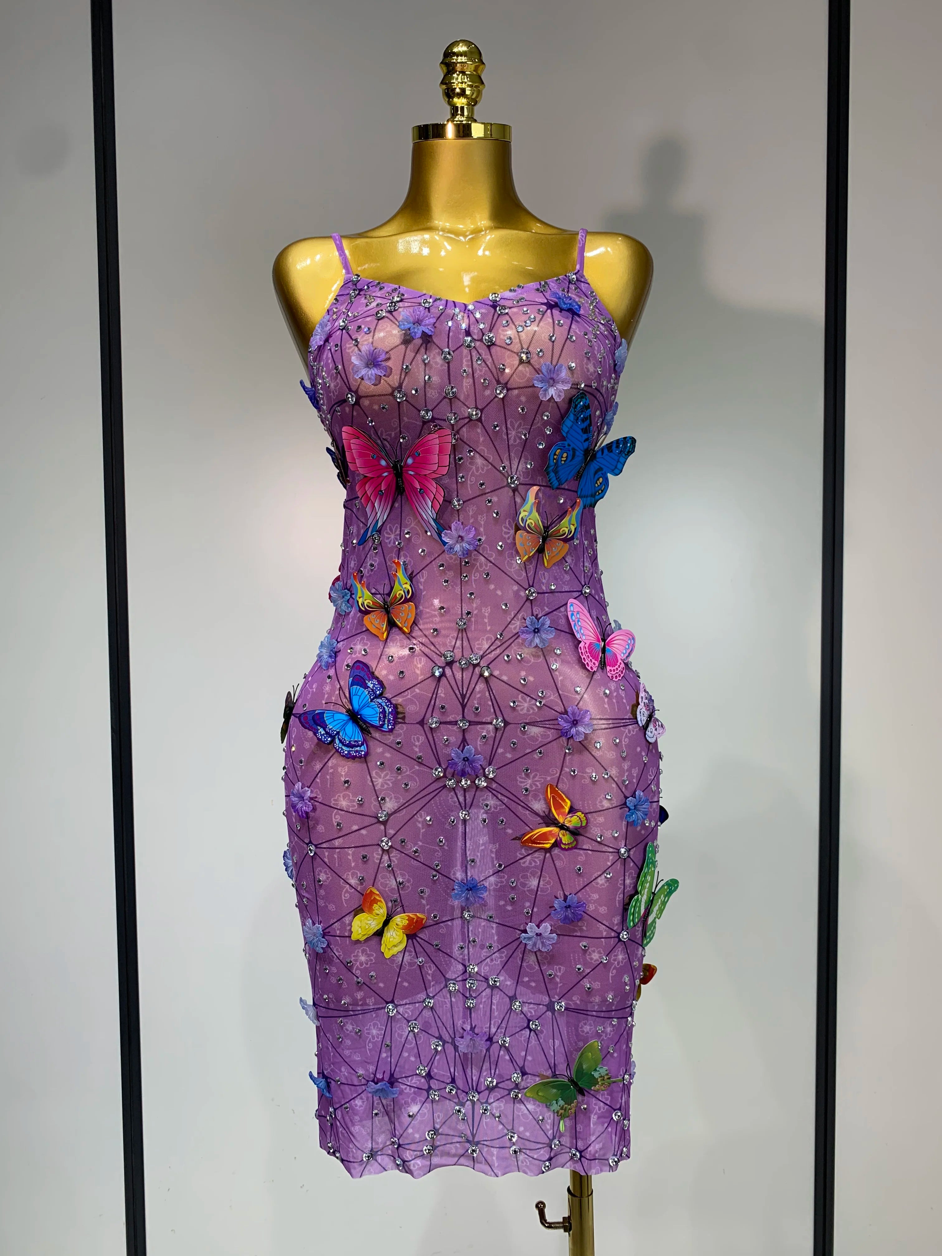 Sparkly Women Sexy Mesh See Through Dress 2025 Butterfly Purple Celebrity Luxury Birthday Nightclub Stage Outfit PURPLE