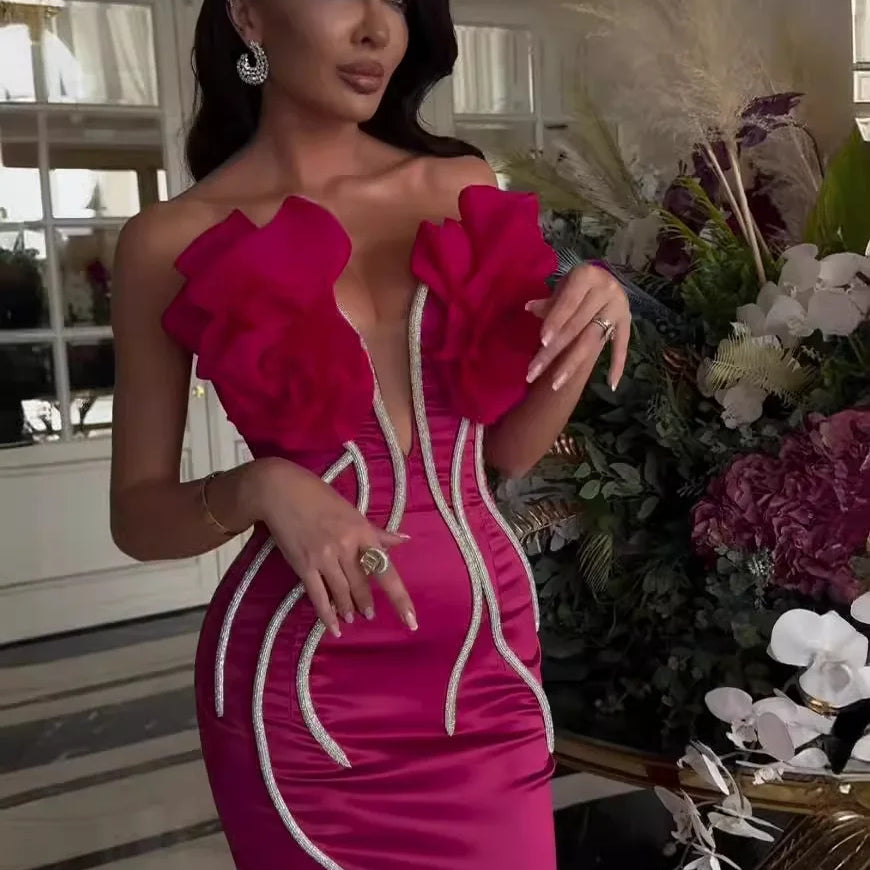 STOCK 2024 Summer Rose Red Stereoscopic Flowers Sparkling Diamonds Chain Ankle Lenght Bandage Dress Elegant Woman Evening Dress