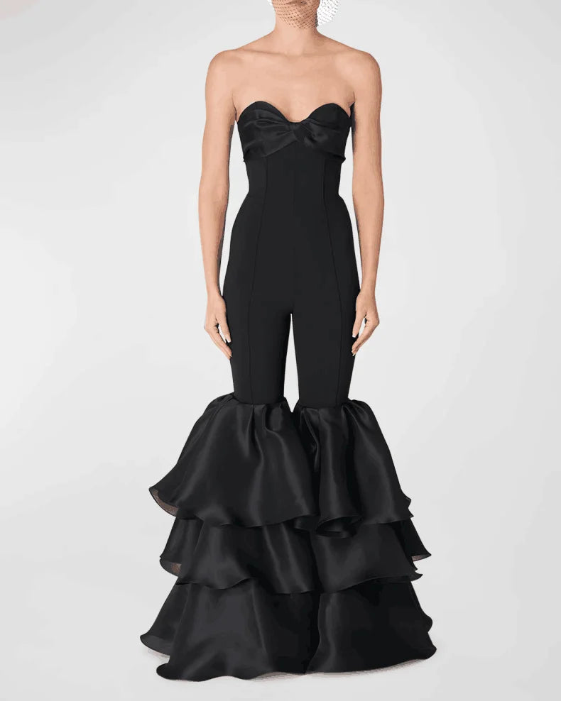 High Street Women Sexy Strapless Bodycon Ruffles Wide Leg Jumpsuit Bandage Celebrate Evening Party Jumpsuit black