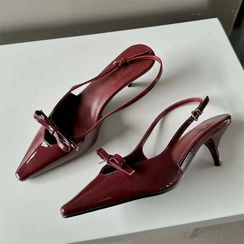 Eilyken Fashion Pointed Toe Pumps Sandals Elegant Woman Slingbacks Buckle Strap Thin Heels Female Wedding Party Mules Shoes Red