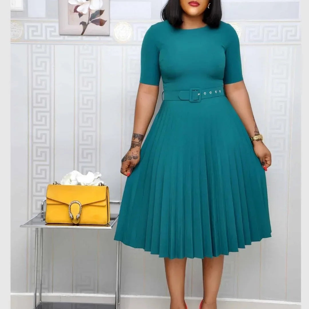 Summer Midi Pleated Dress Short Sleeve Office Lady Africa Sashes Women High Waist Elegant Dresses Vestidos green