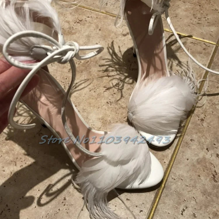 Summer White Sandals Lace Up Shallow Open Toe Banquet Strappy Solid Color Hollow Stiletto High Heel Cover Heel New Arrival Shoes