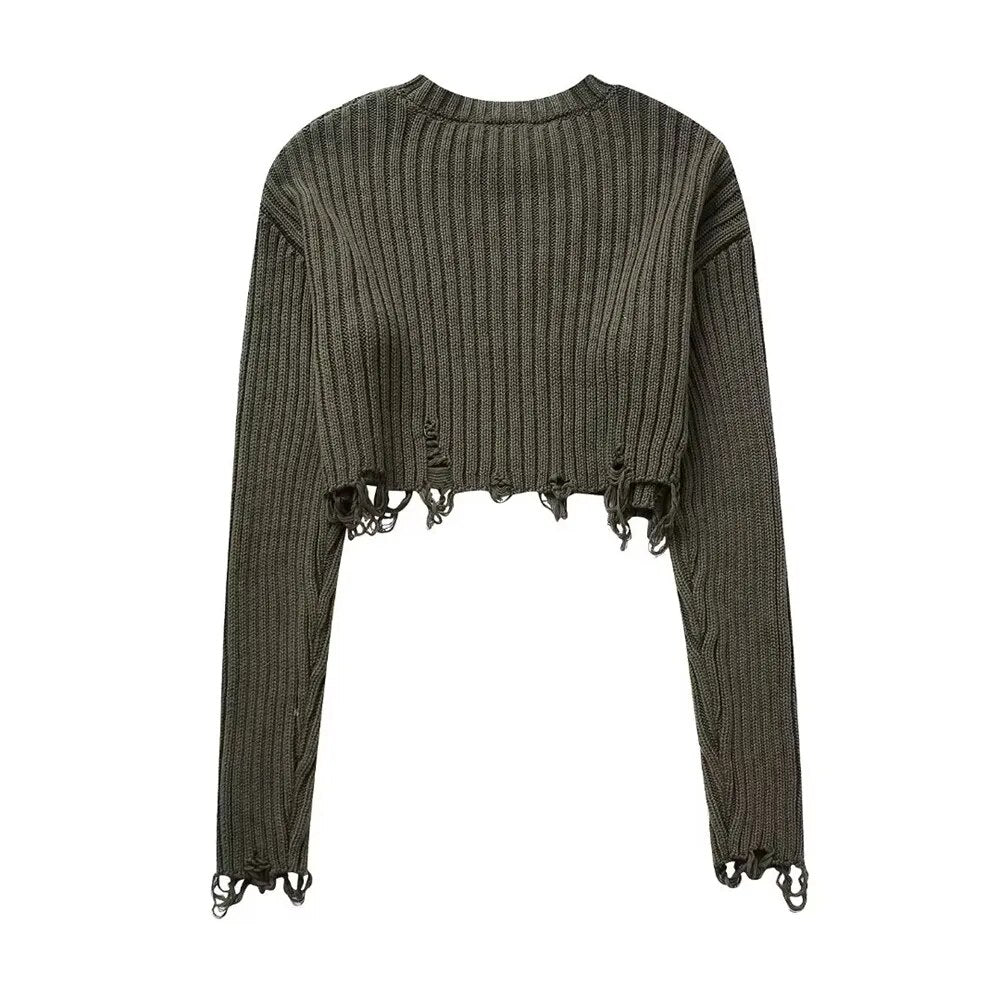 UNIZERA2024 Autumn and Winter New Women's Long Sleeve Round Neck Casual Sweater with Hole Decoration Short Knit