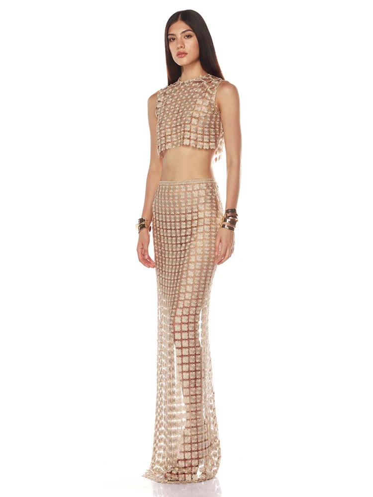 Stylish Beige Sleeveless Cropped Top & Sheer Skirt Set with Zipper for Festival & Party Chic Dress Gown