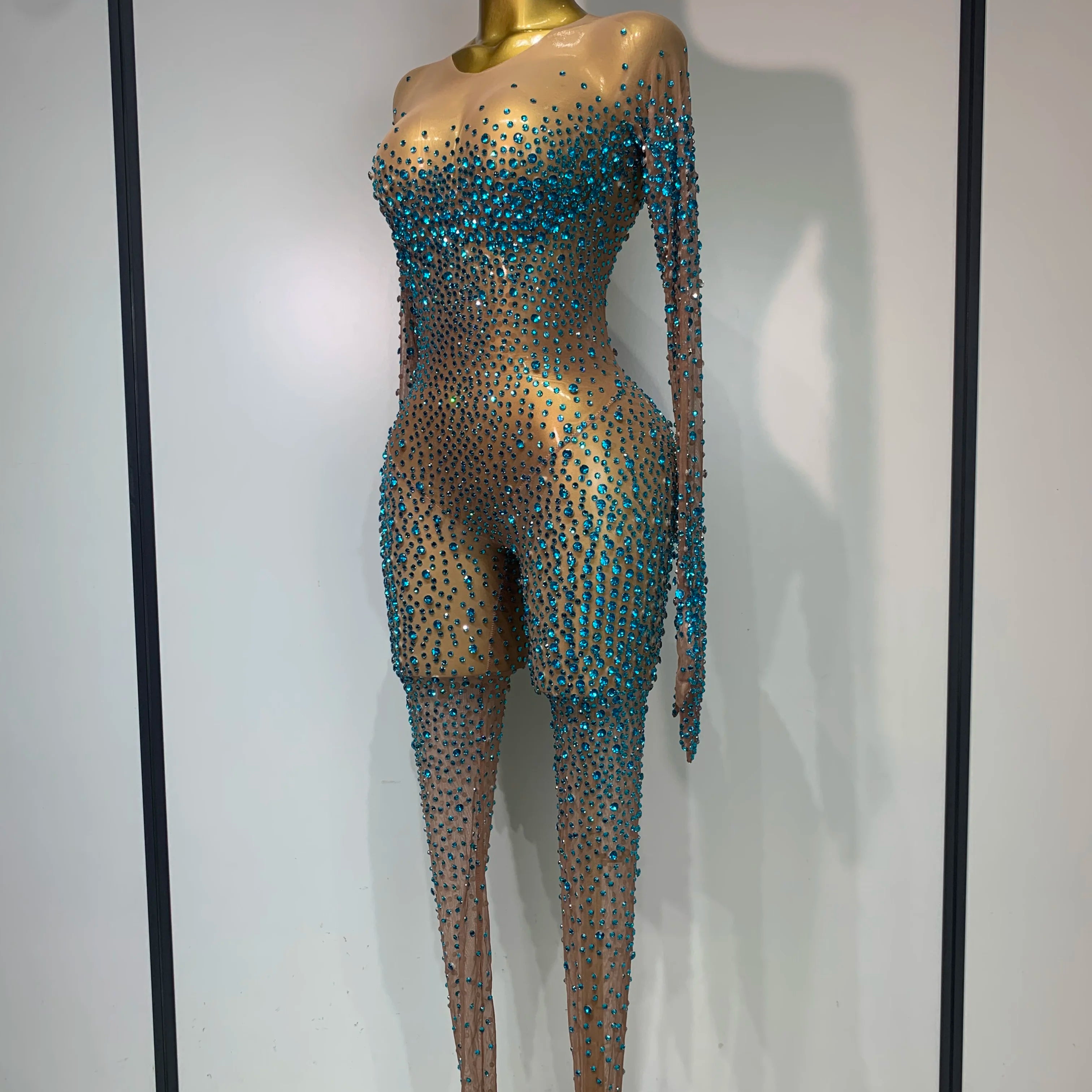 Luxury Rhinestones Bodycon Jumpsuit Sexy Women Mesh See Through Birthday Gown Women Bar Nightclub Dancer Stage Outfit