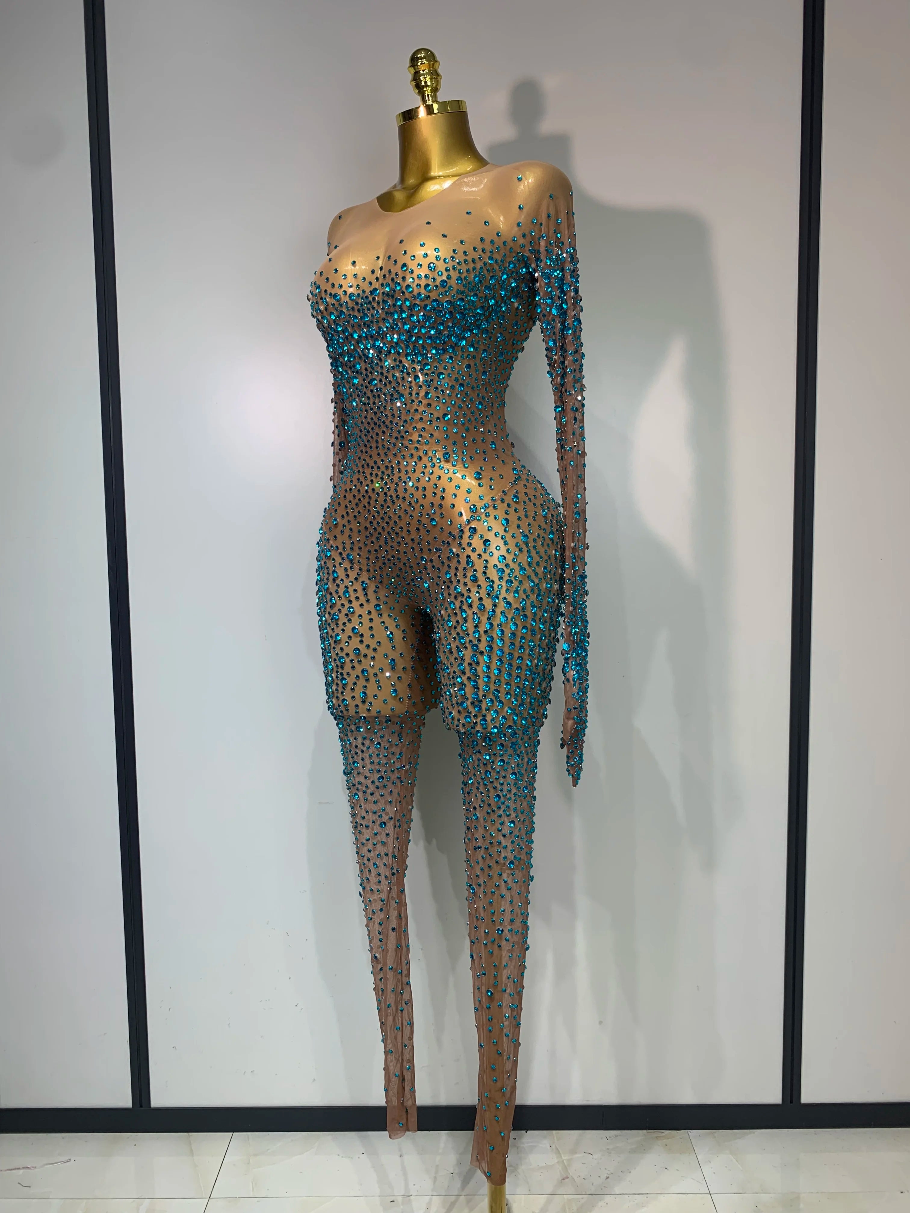 Luxury Rhinestones Bodycon Jumpsuit Sexy Women Mesh See Through Birthday Gown Women Bar Nightclub Dancer Stage Outfit