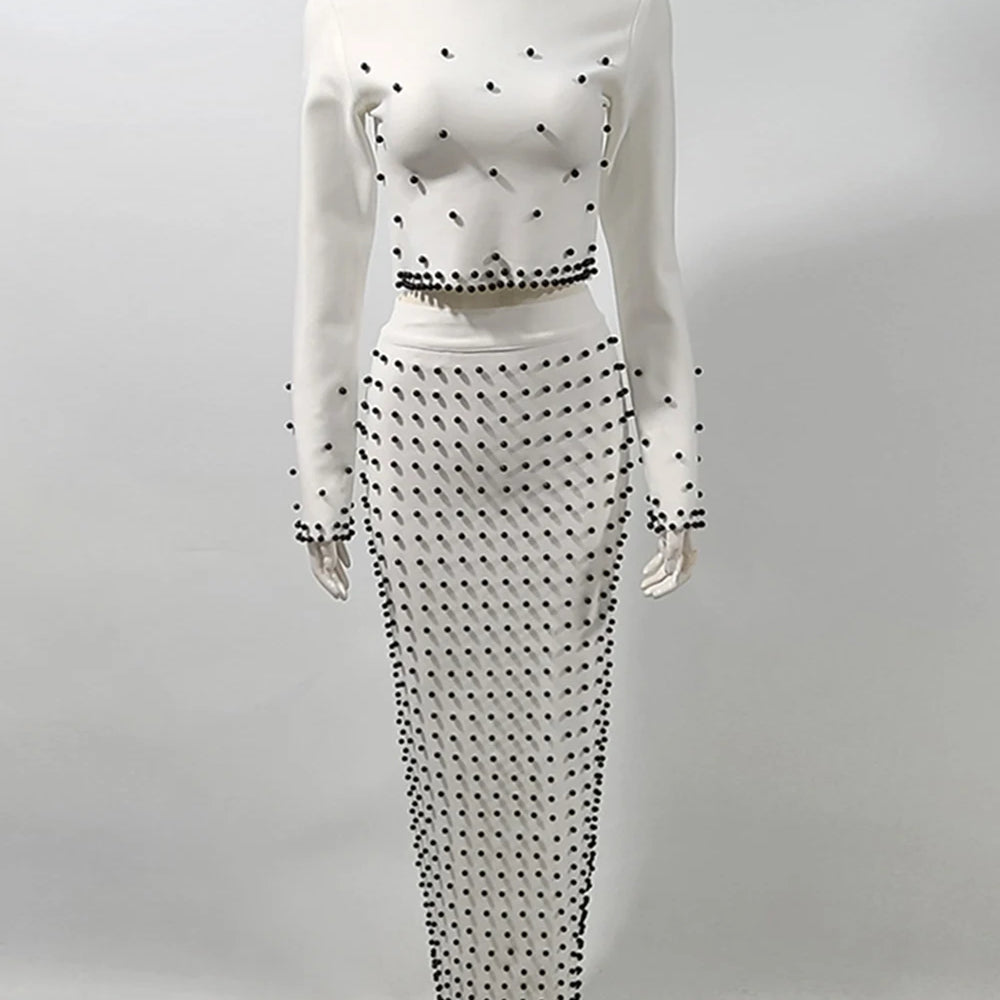 Women'S Black And White Beaded Short Top+Long Skirt Bandage Two-Piece Set Elegant Evening Party Female Outfit 2025 New