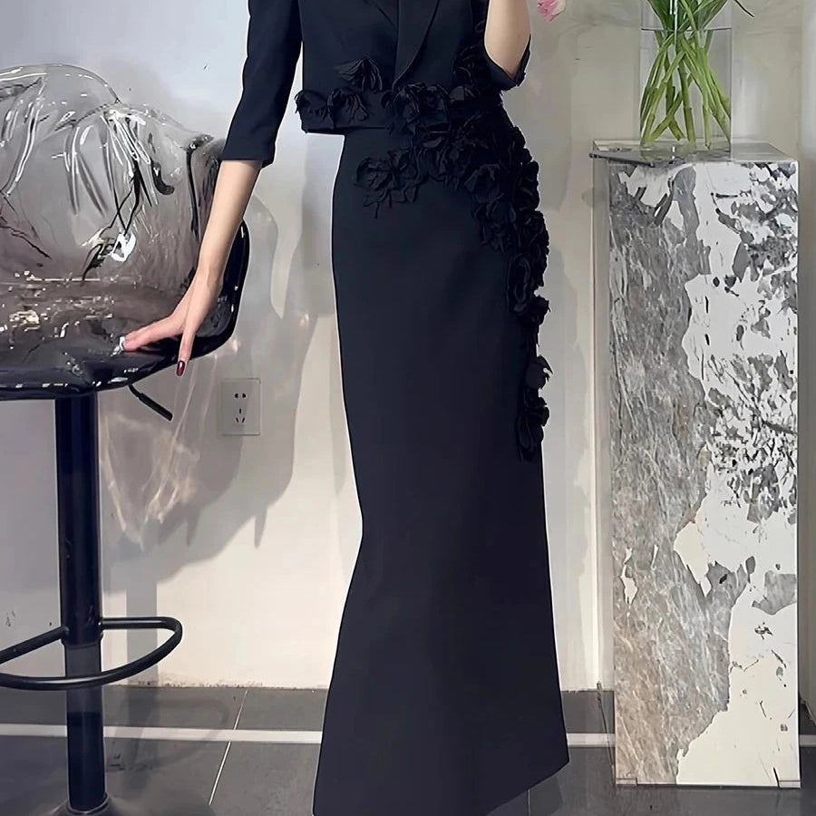 Solid Slimming Spliced 3D Flower Two Piece Sets for Women Lapel Half Sleeves Short Top High Waist Skirt Set Female