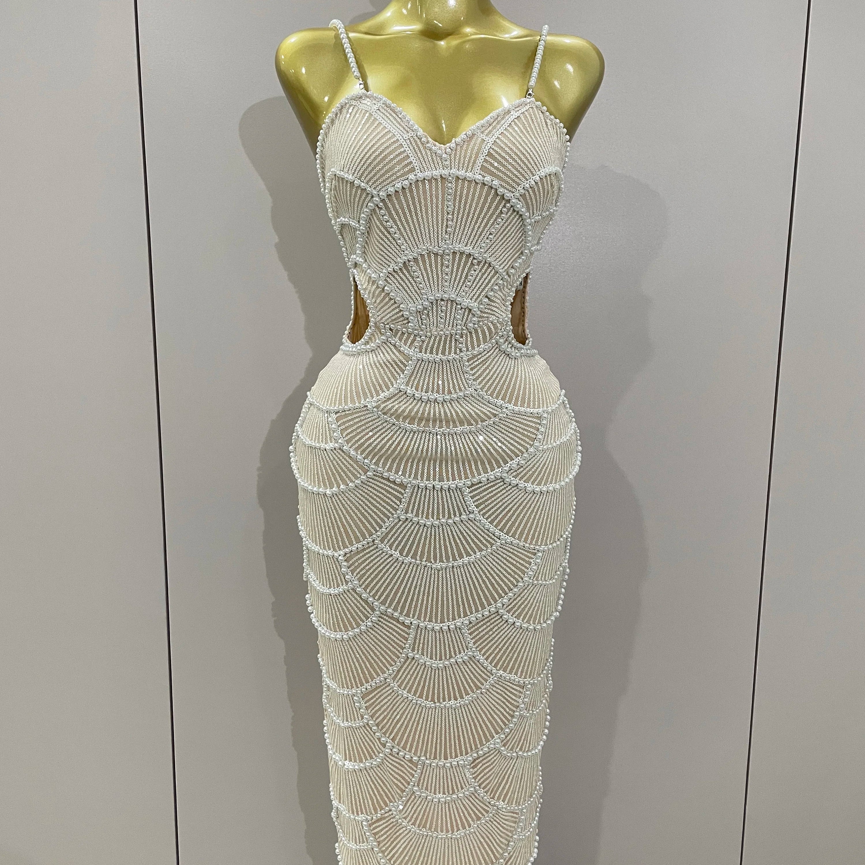 Women Hot Sale Sleeveless Sexy Strap Pearl Beading Sequins Bodycon Long Dress Celebrate Evening Party Birthday Outfit Vestido Beige