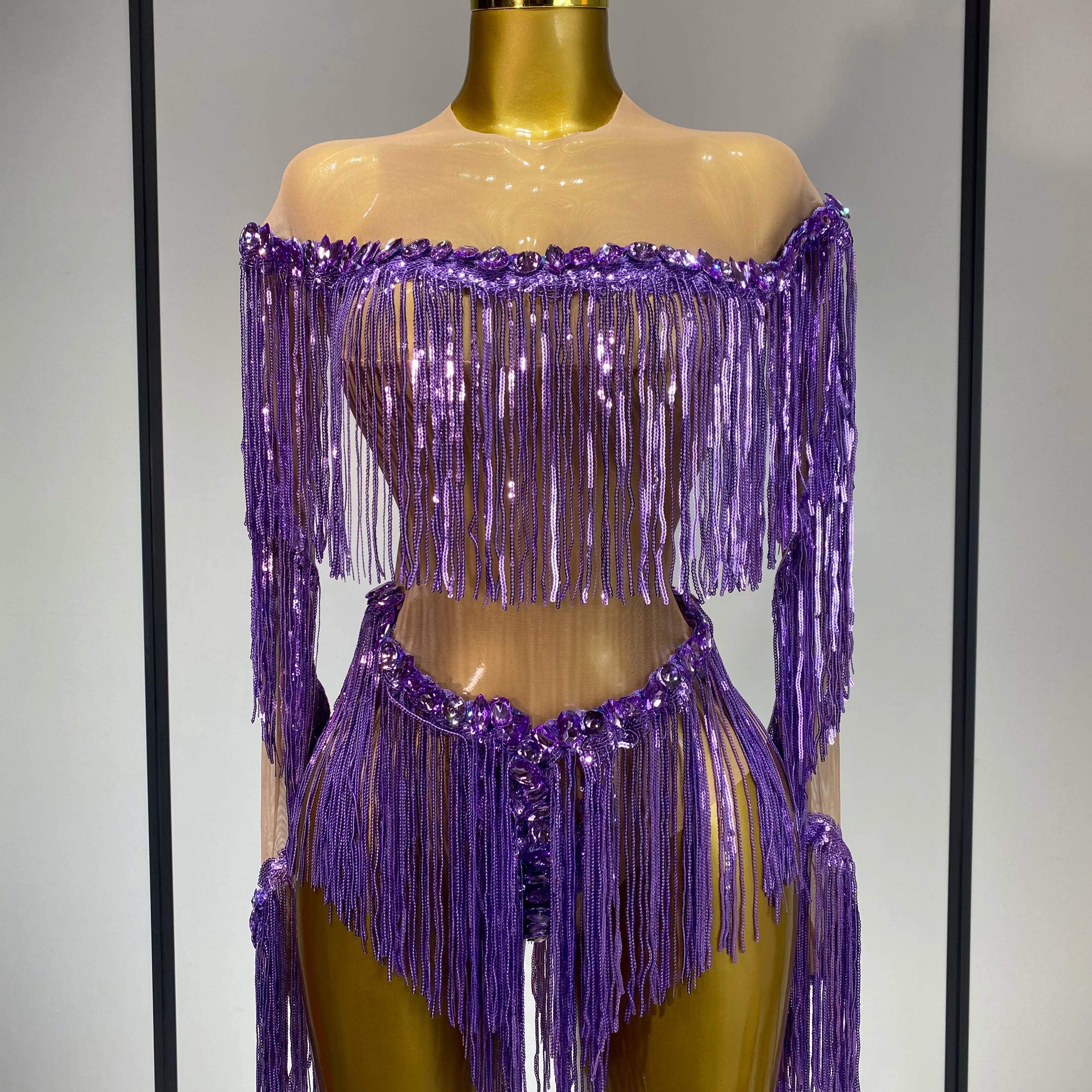 Sparkly Tassel Rhinestones Long Sleeves Sexy Stretch Mesh See Through Bodysuit Women Nightclub Stage Singer Perform Costume PURPLE