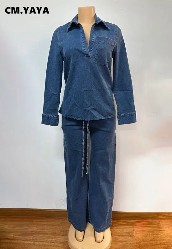 Fashion Women's Set Long Sleeve Washed Denim Tops Shirts + Wide Leg Pants Suit 2025 Spring Street Two 2 Piece Set Outfit