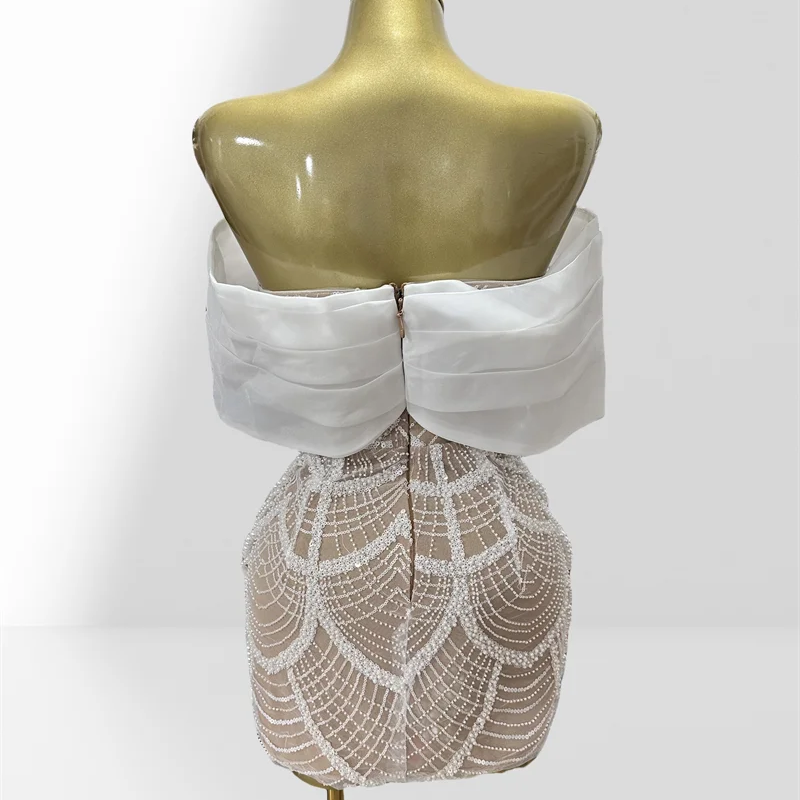 2025 Luxury Pearl Beading White Sequins Sexy Off The Shoulder White Mini Dress Woman Wedding Party Vestido Birthday Party Outfit